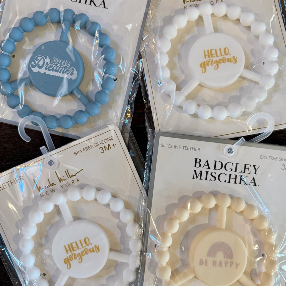 Badgley Mischka and Nicole Miller Silicone Teether Set of 4 - Blue, White, Cream